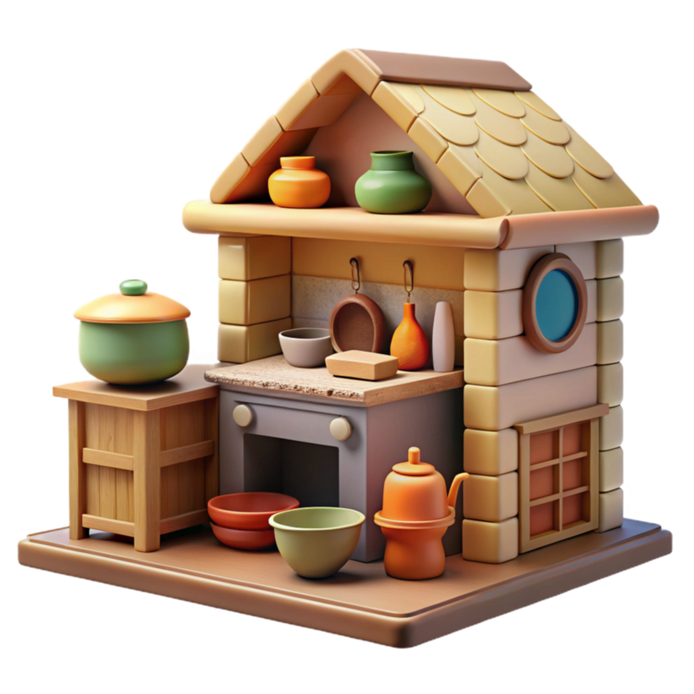 Cartoon Kitchen Miniature House, Cooking Pots, and Utensils png