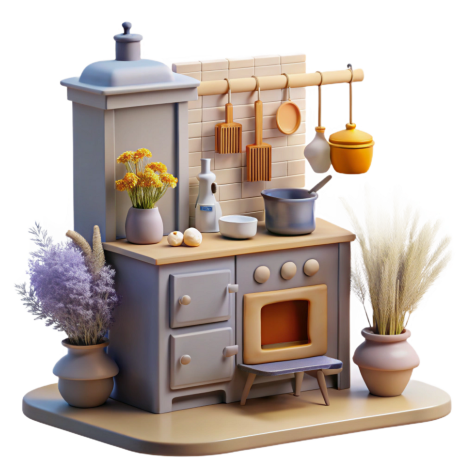 Charming 3D Render of a Cozy Kitchen png