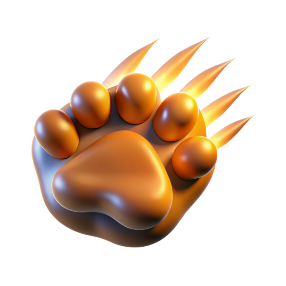 Golden Paw Print with Claws 3D Render png