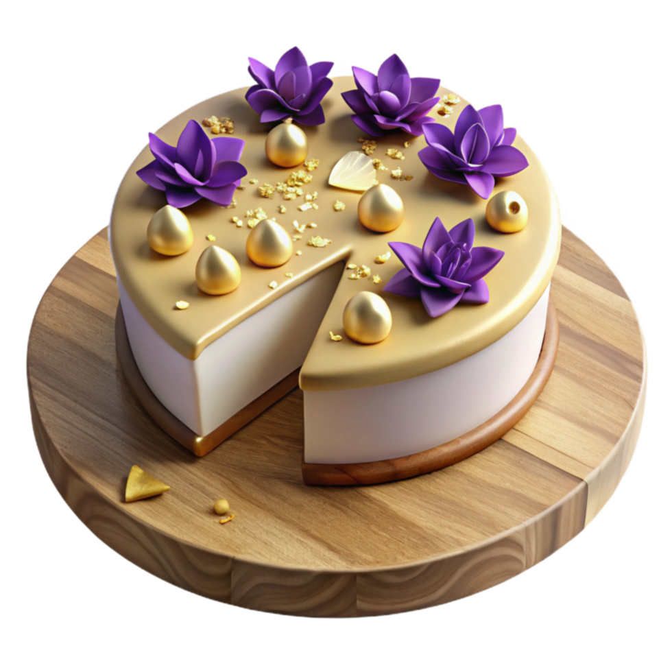 Elegant Gold Purple Cake with Flower Decor png