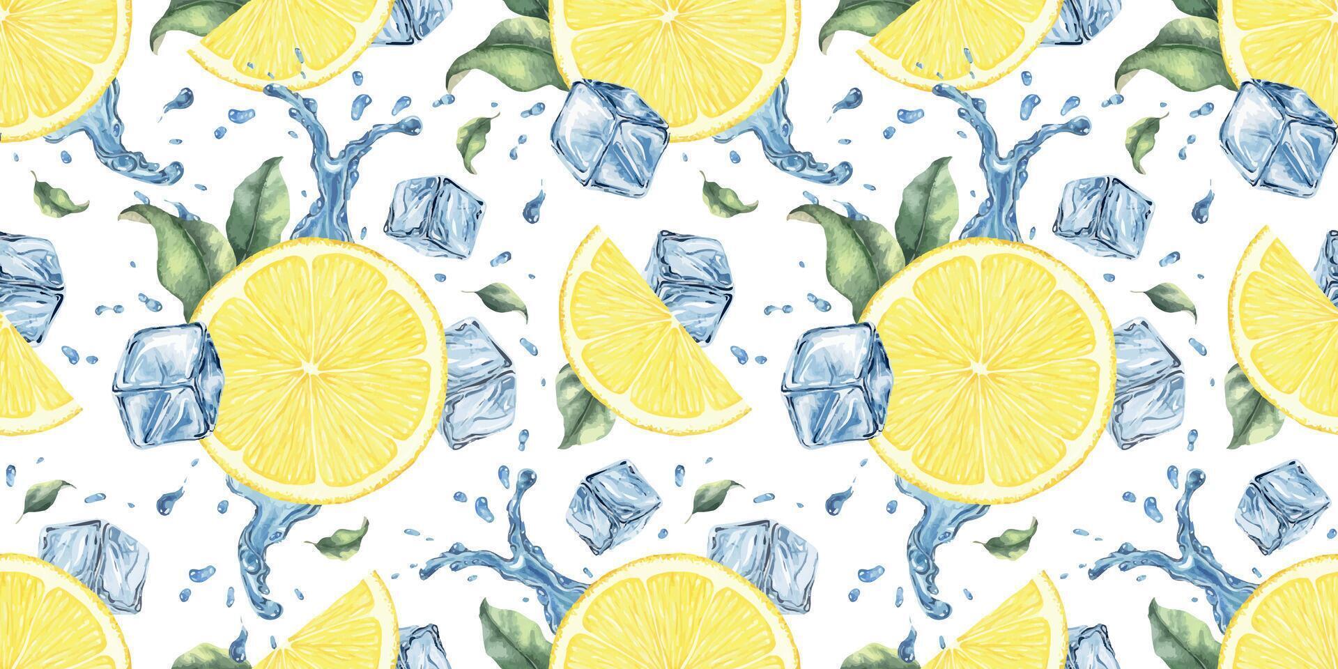Lemon slices, splashes water, leaves, ice cubes. Dynamic cold liquid with citrus fruits. Hand drawn watercolor seamless pattern. Surface Background for menu, package, cosmetic, textile vector