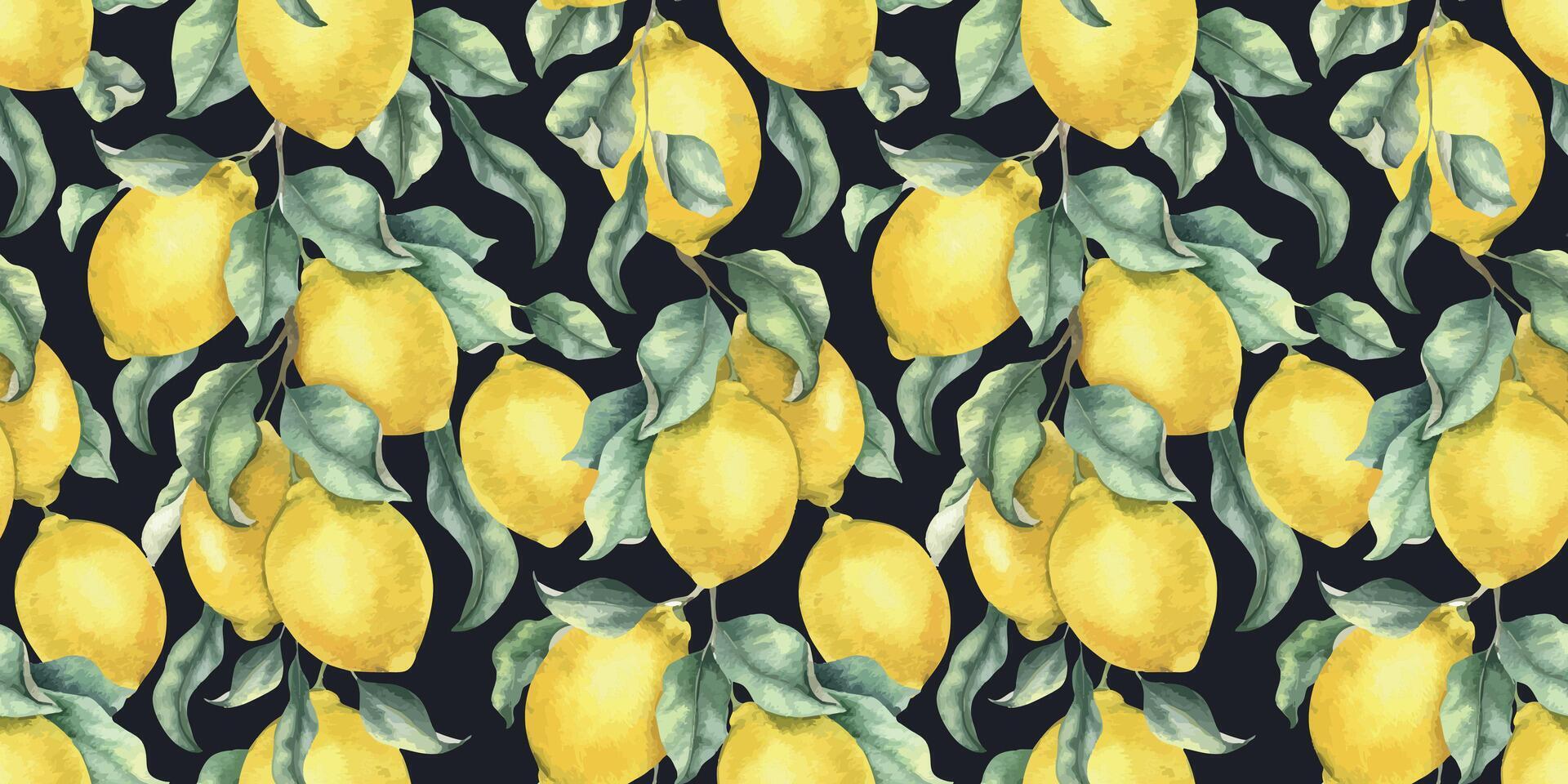 Lemon Branches with fruits and leaves. Hand drawn watercolor seamless surface pattern design on dark background. Summer botanical print for tablecloth, package, cosmetic, textile, fabric vector