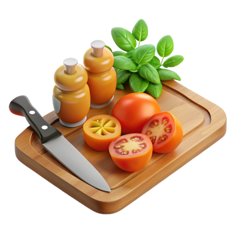 Fresh Tomatoes, Basil, and Spices on Cutting Board png