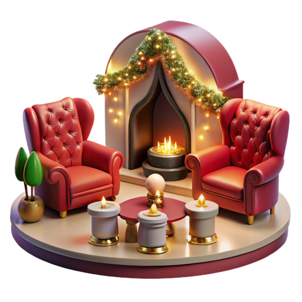 Cozy Fireplace, Festive Candles, and Armchairs A Winter Scene png