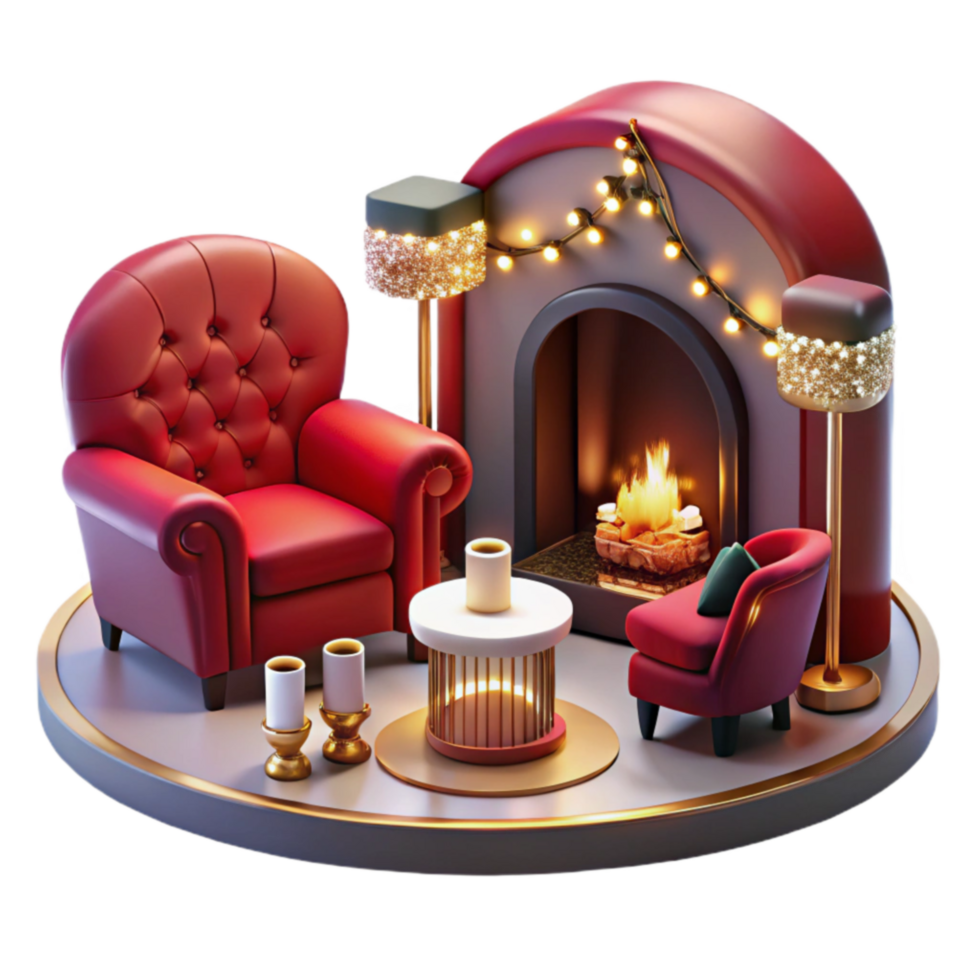 Cozy Fireplace Scene 3D Render of Festive Winter Room png