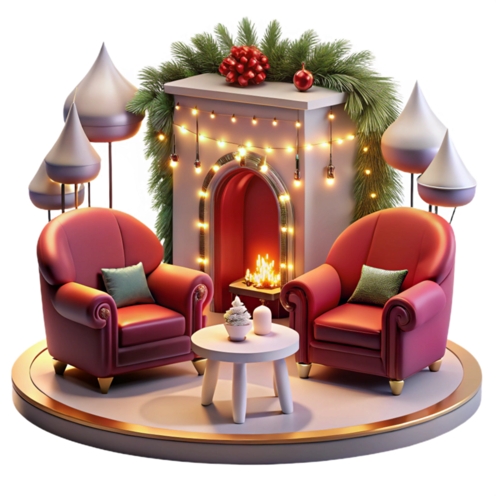 Cozy Christmas Fireplace Scene Festive Chairs Winter Decor png