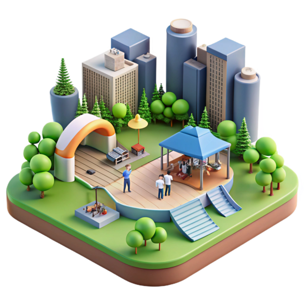 Urban Park Design 3D Model of City Park with Pavilion, Playground, and Greenery png