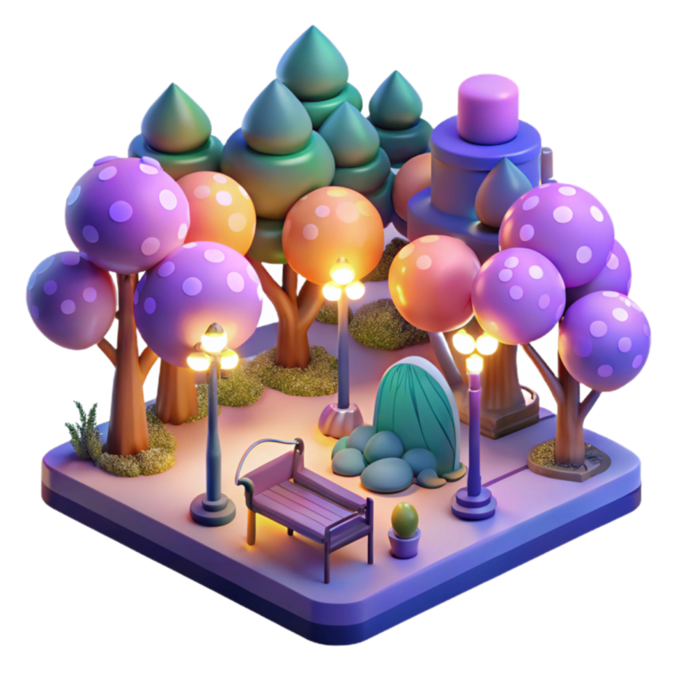 Enchanted 3D Park Night Scene with Lighted Trees and Bench png