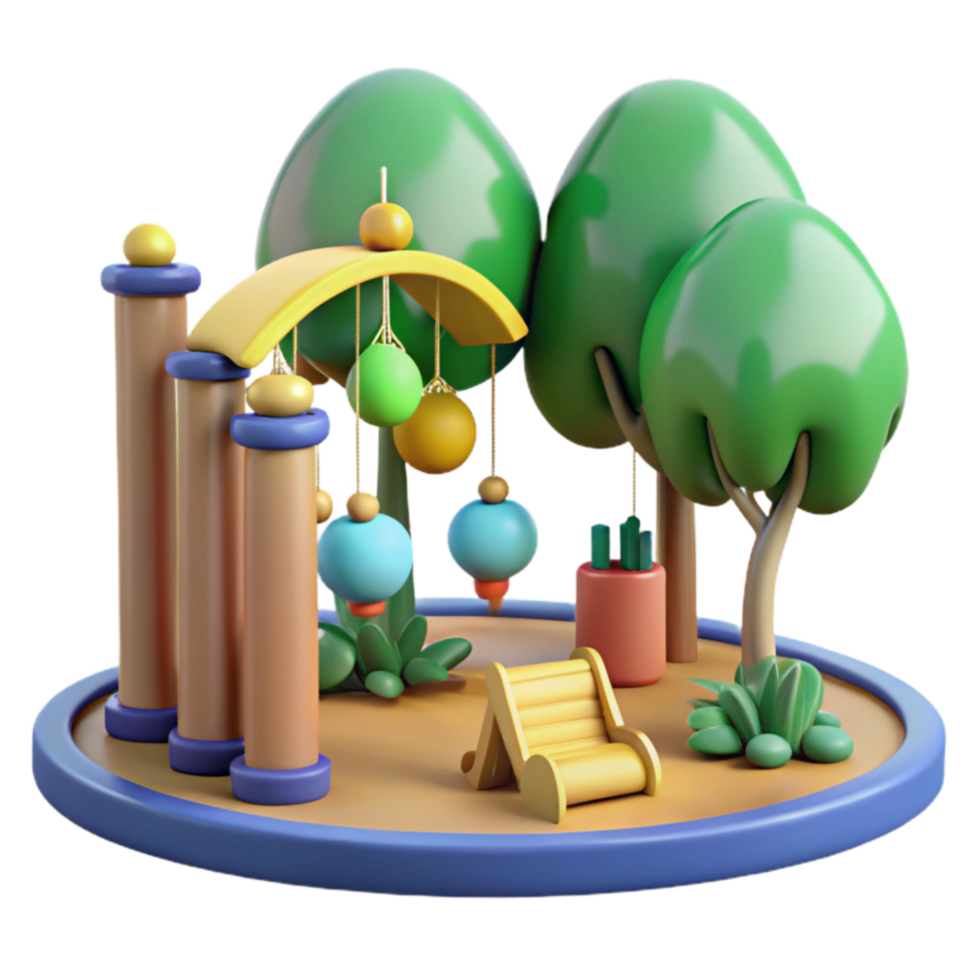 Cartoon Playground 3D Render of Play Area with Trees and Hanging Ornaments png