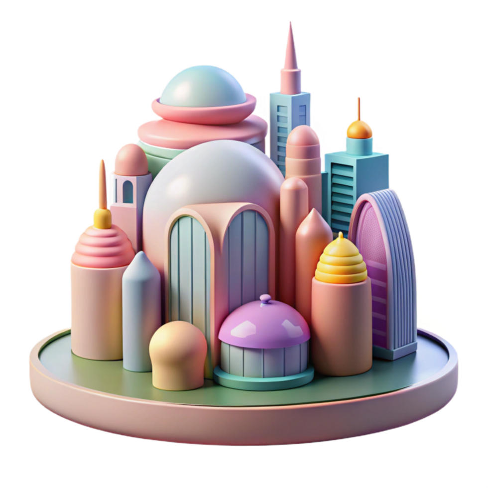 Pastel Cityscape 3D Render of Whimsical Architecture png