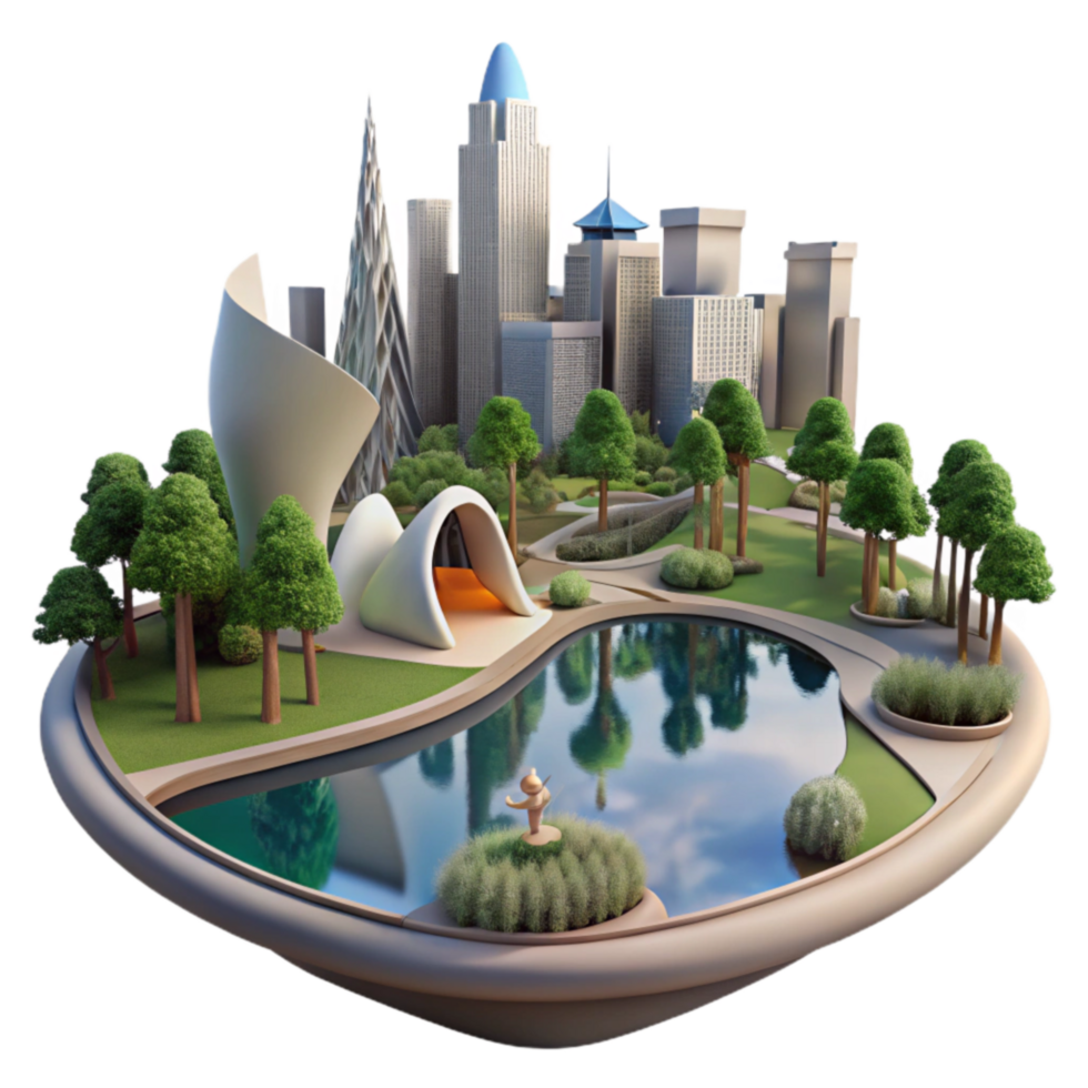 Urban Oasis Cityscape with Park and Pond png