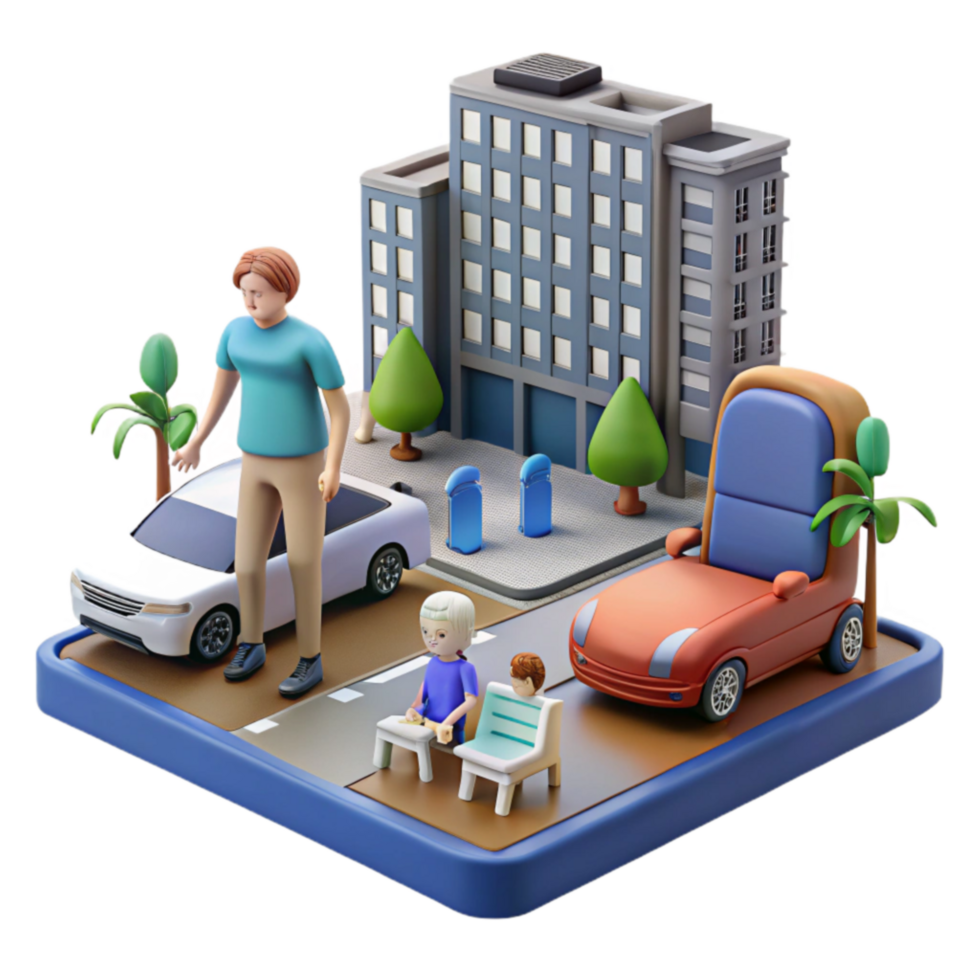 Urban Scene Adult and Children near Cars and Building png