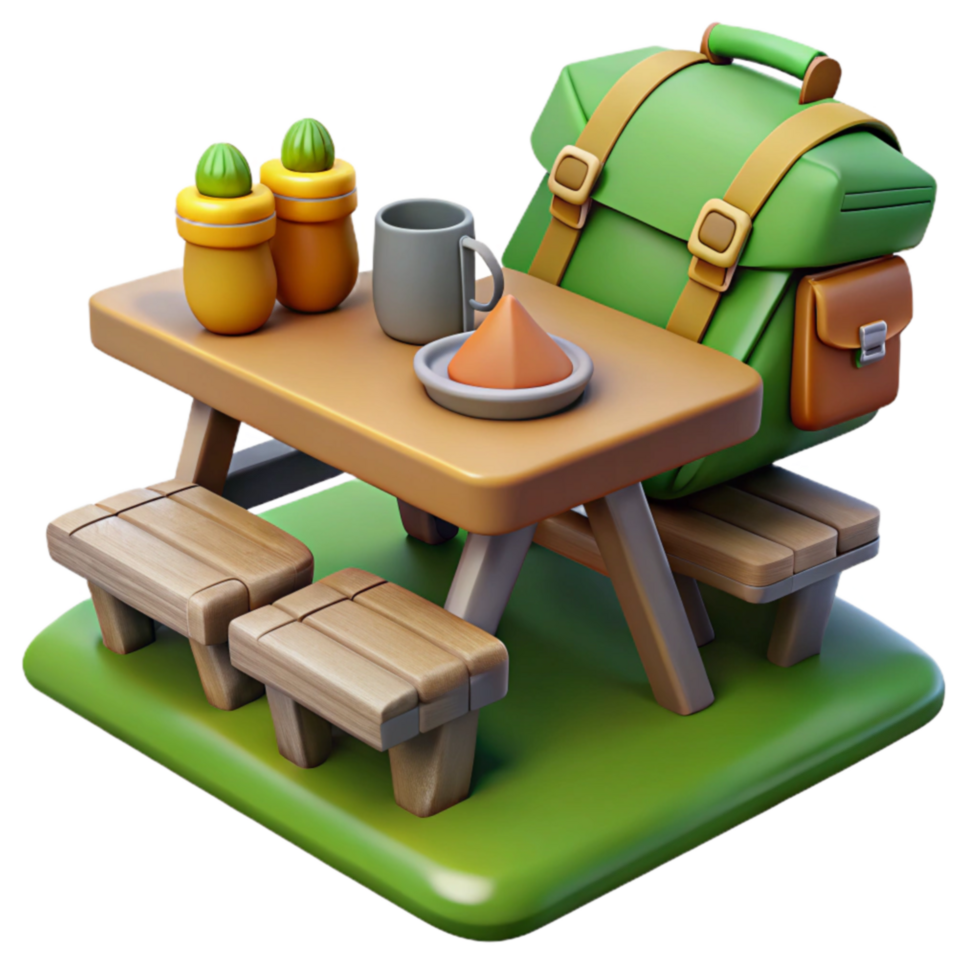 Picnic Table with Backpack and Snacks 3D Render png