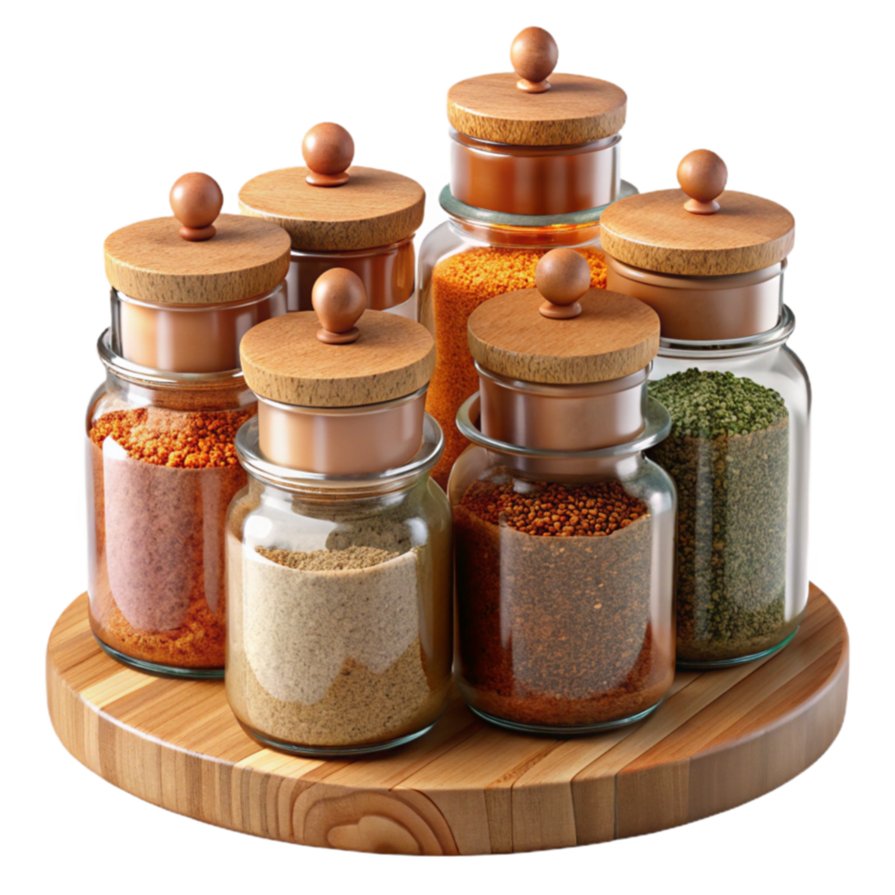 Spice Jars on Wooden Lazy Susan Kitchen Organization png