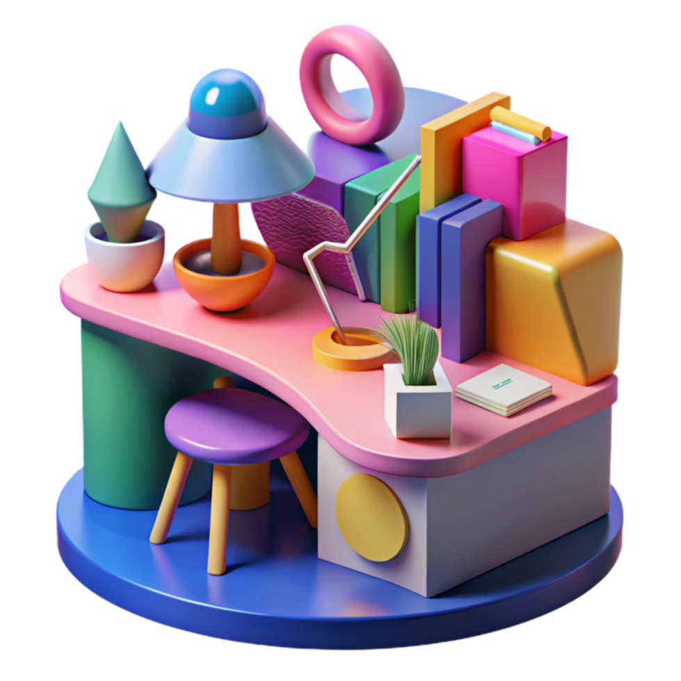Colorful Desk Setup 3D Render of Modern Workspace png