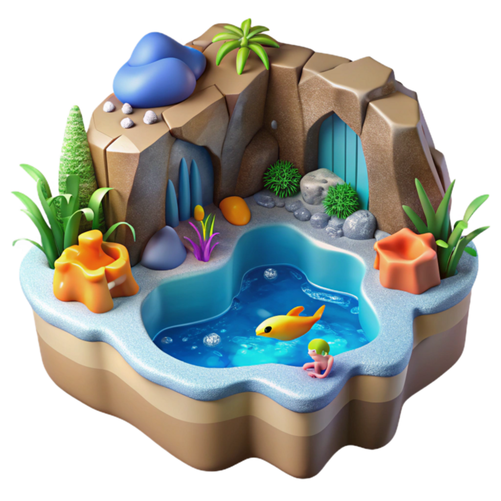 Enchanted Miniature Oasis 3D Render of Calm Pond Scene png