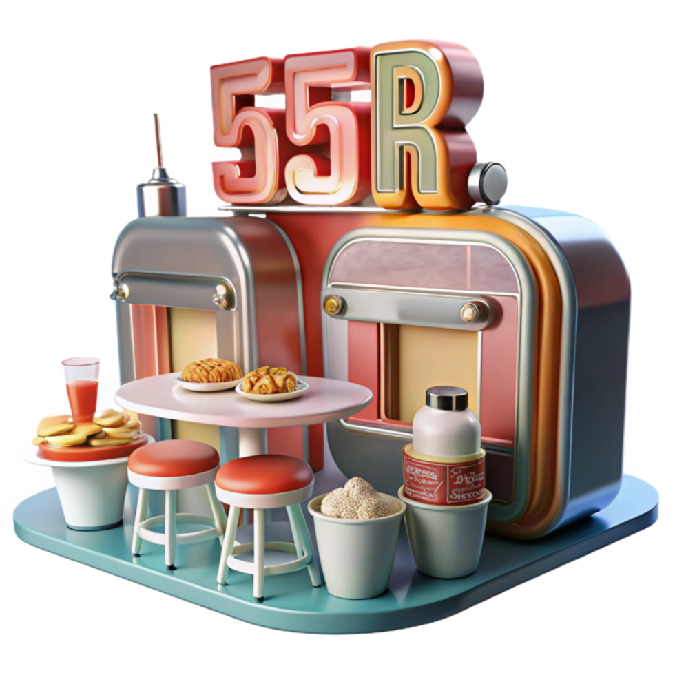 Retro Diner 55r Cafe Scene with Pastries and Drinks png