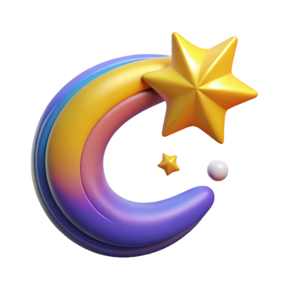 Rainbow Crescent Moon with Stars 3D Render png