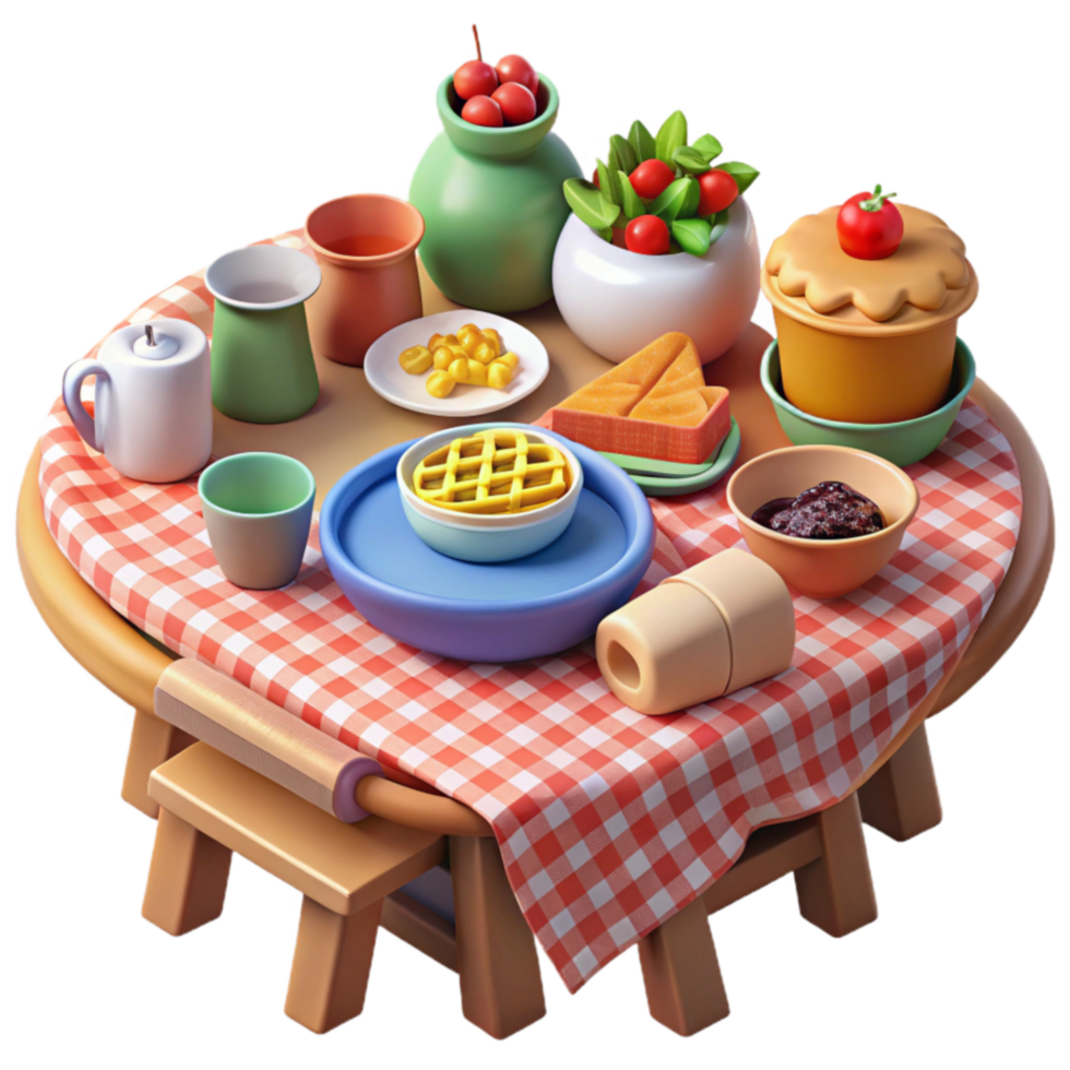Delightful Picnic Tabletop Scene Food, Drinks Checkered Cloth png