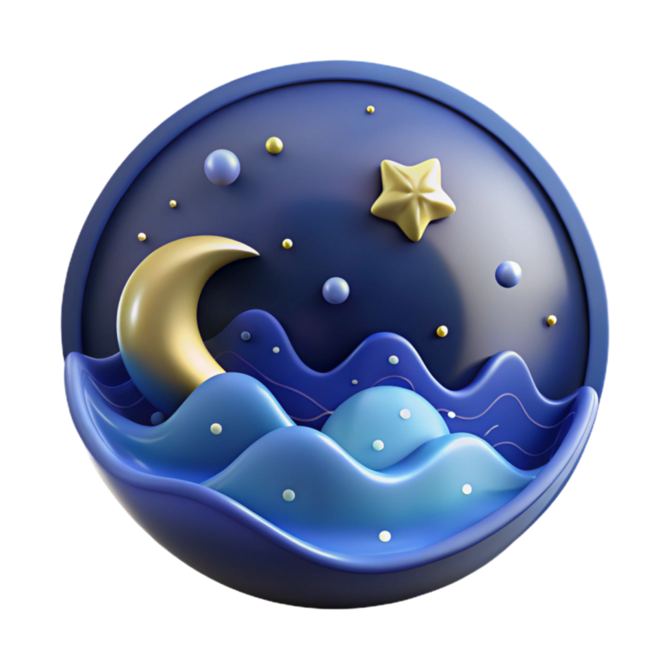 Serene Night 3D Moon, Stars, and Ocean Waves png