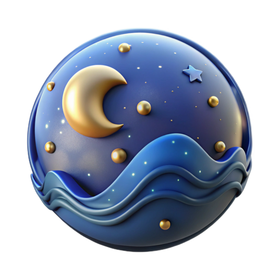 Celestial Night 3D Moon, Stars, and Waves png