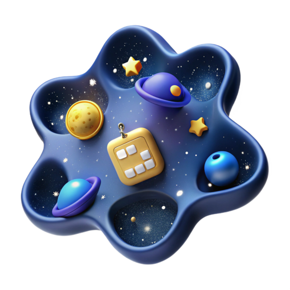 Cosmic Nebula 3D Render of Planets, Stars, and a Button Device png