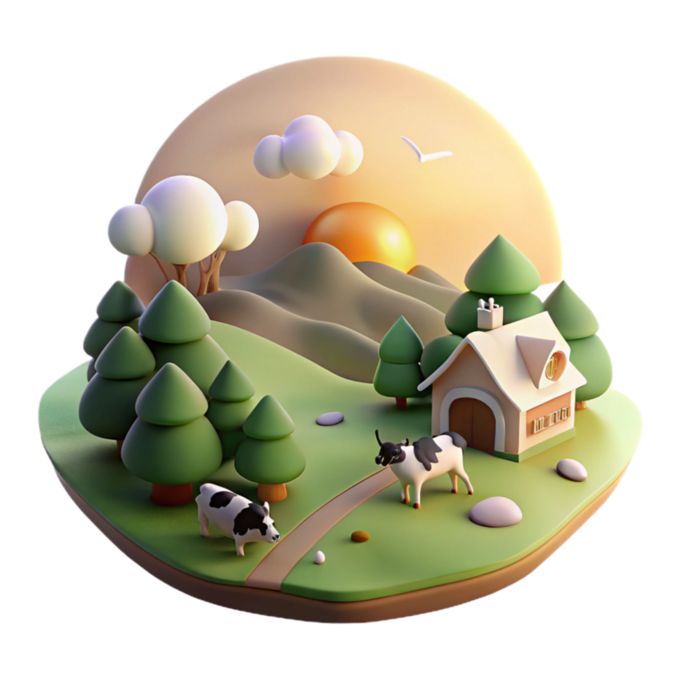Sunset Farm Idyllic 3D Render of Rural Landscape png
