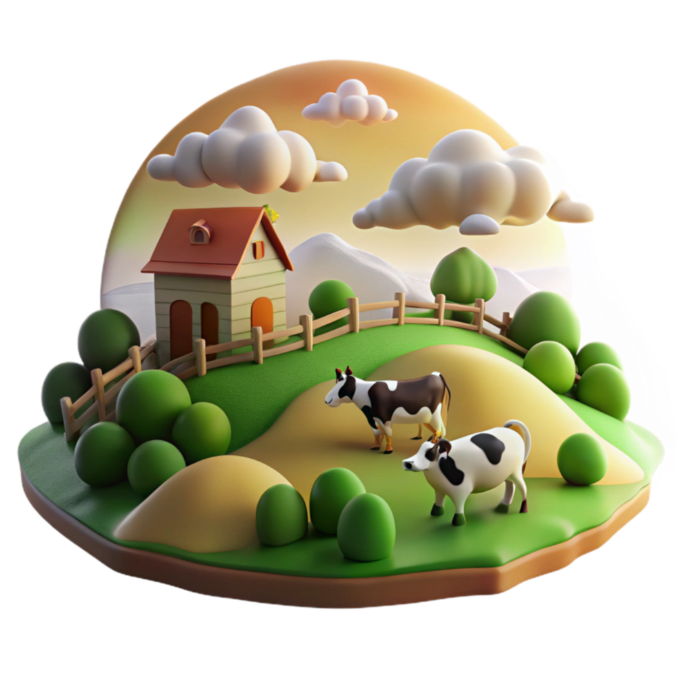 Farm Scene Idyllic Cows, House, and Rolling Hills png