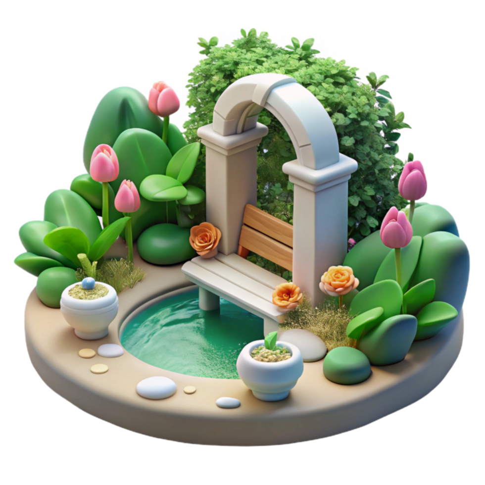 Serene Garden Oasis Pond, Arch, Bench, Flowers png