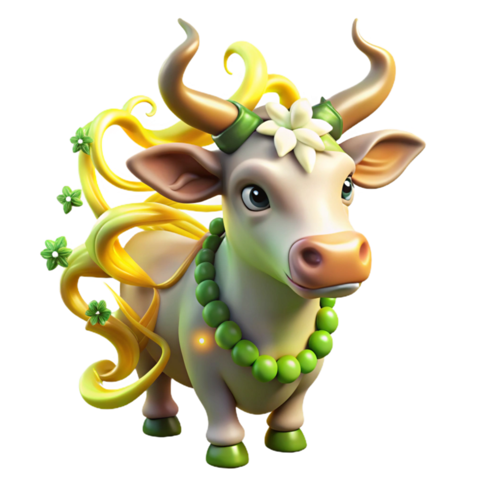 Adorable 3D Cow Floral Design, Green Beads, Golden Hair png