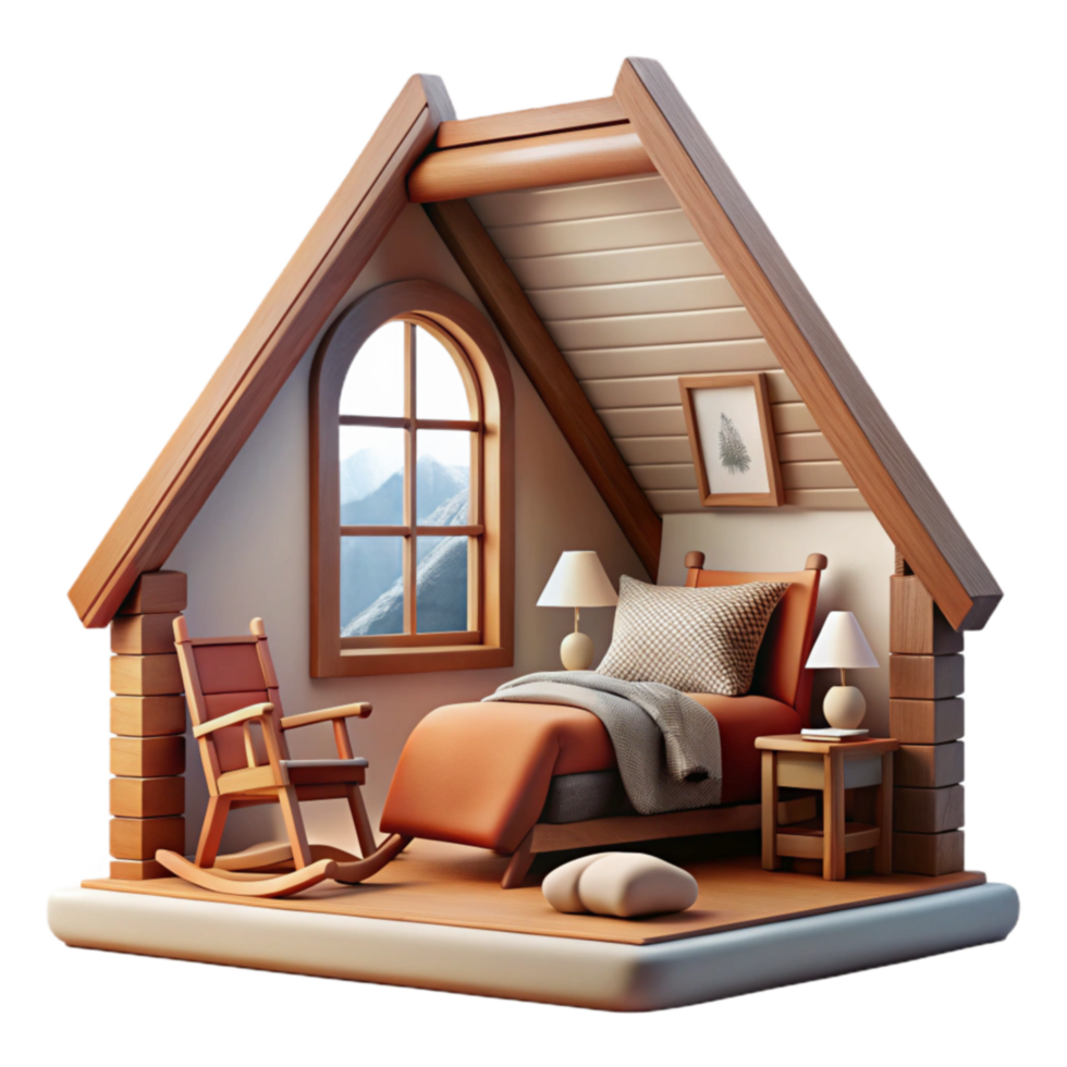 Cozy Cabin Bedroom Mountain View, Wooden Design png