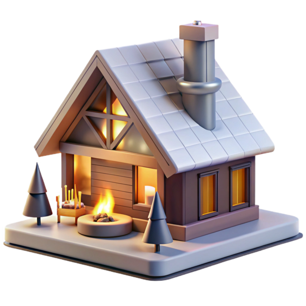 Cozy Cabin Winter Scene 3D Render of a Firelit Home png