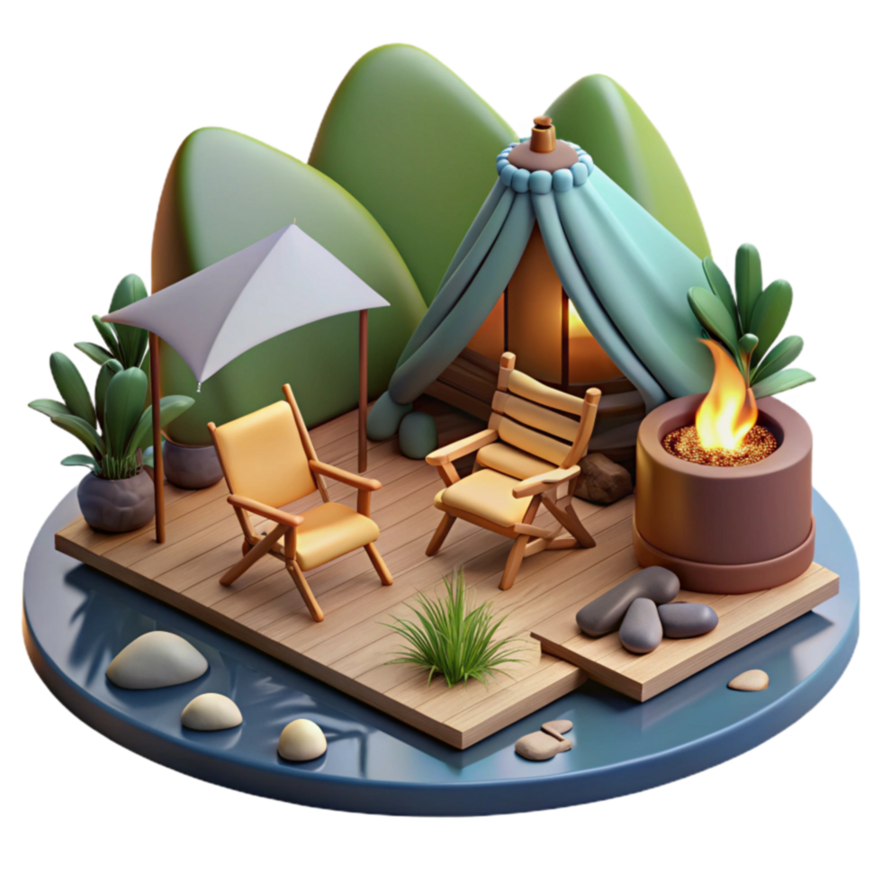 Serene Camping Scene Lakeside Relaxation with Tent Fire png
