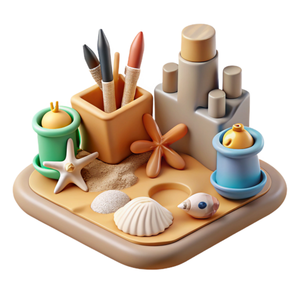 Summer Beach Desk Organizer Sandcastle, Seashells, Art Supplies png