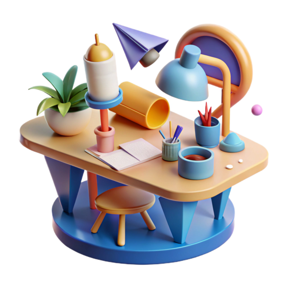 Creative Workspace 3D Render of Desk Setup png