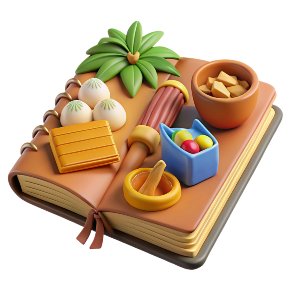 3D Render Open Book with Assorted Treats and Objects png