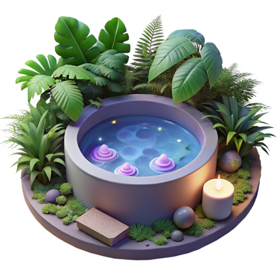 Serene Spa Tranquil Water, Lush Greenery, and Relaxing Ambiance png