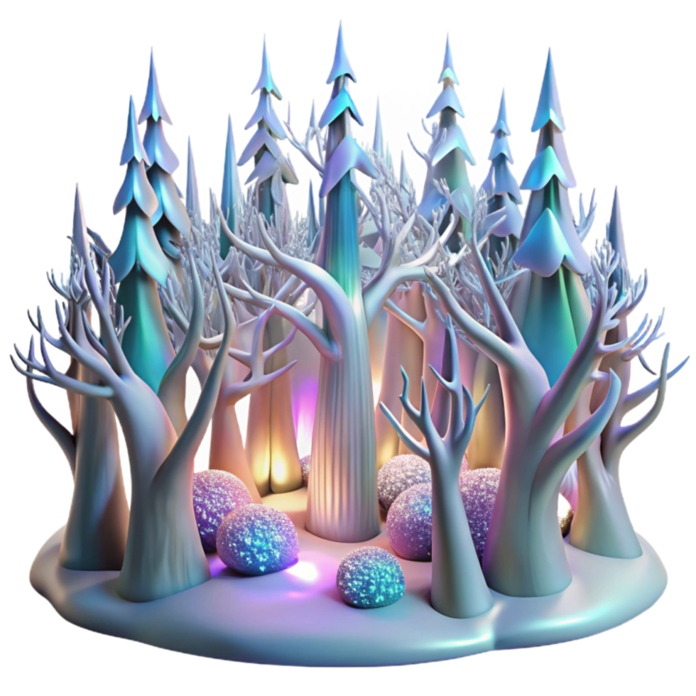 Enchanted Winter Forest 3D Render of Magical Trees and Glowing Stones png