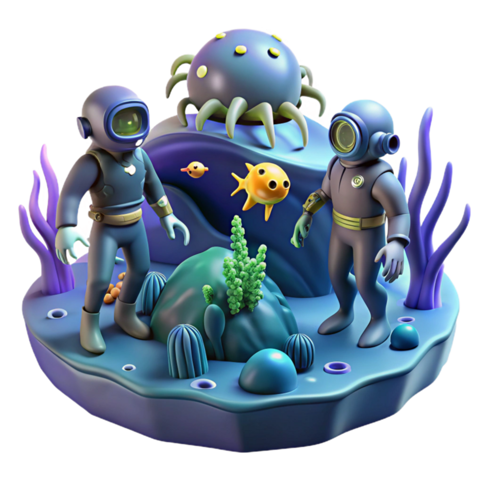 Undersea Exploration 3D Render of Aquatic Divers and Marine Life png