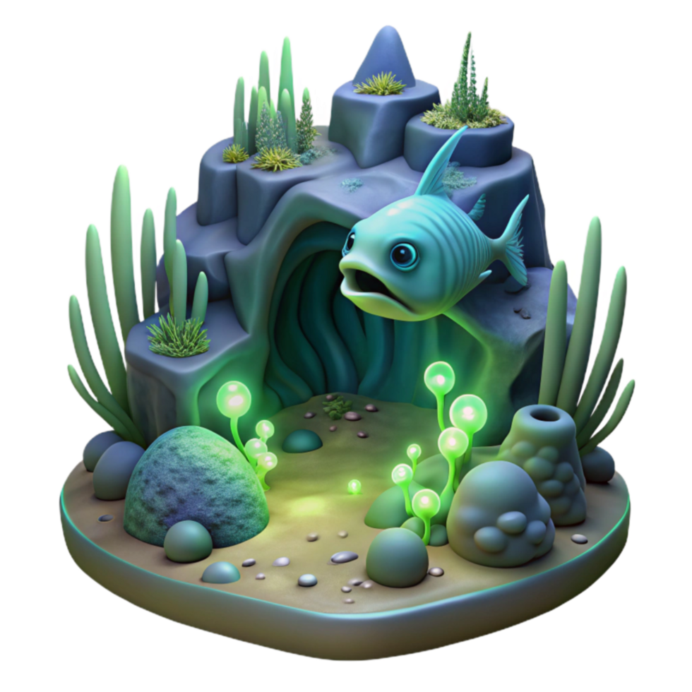 3D Render Cartoon Fish in Underwater Cave png