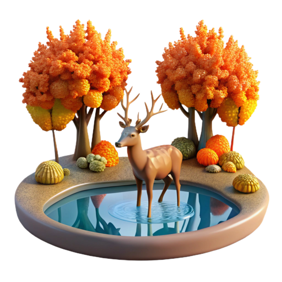 Autumn Deer in Pond Scene 3D Render png