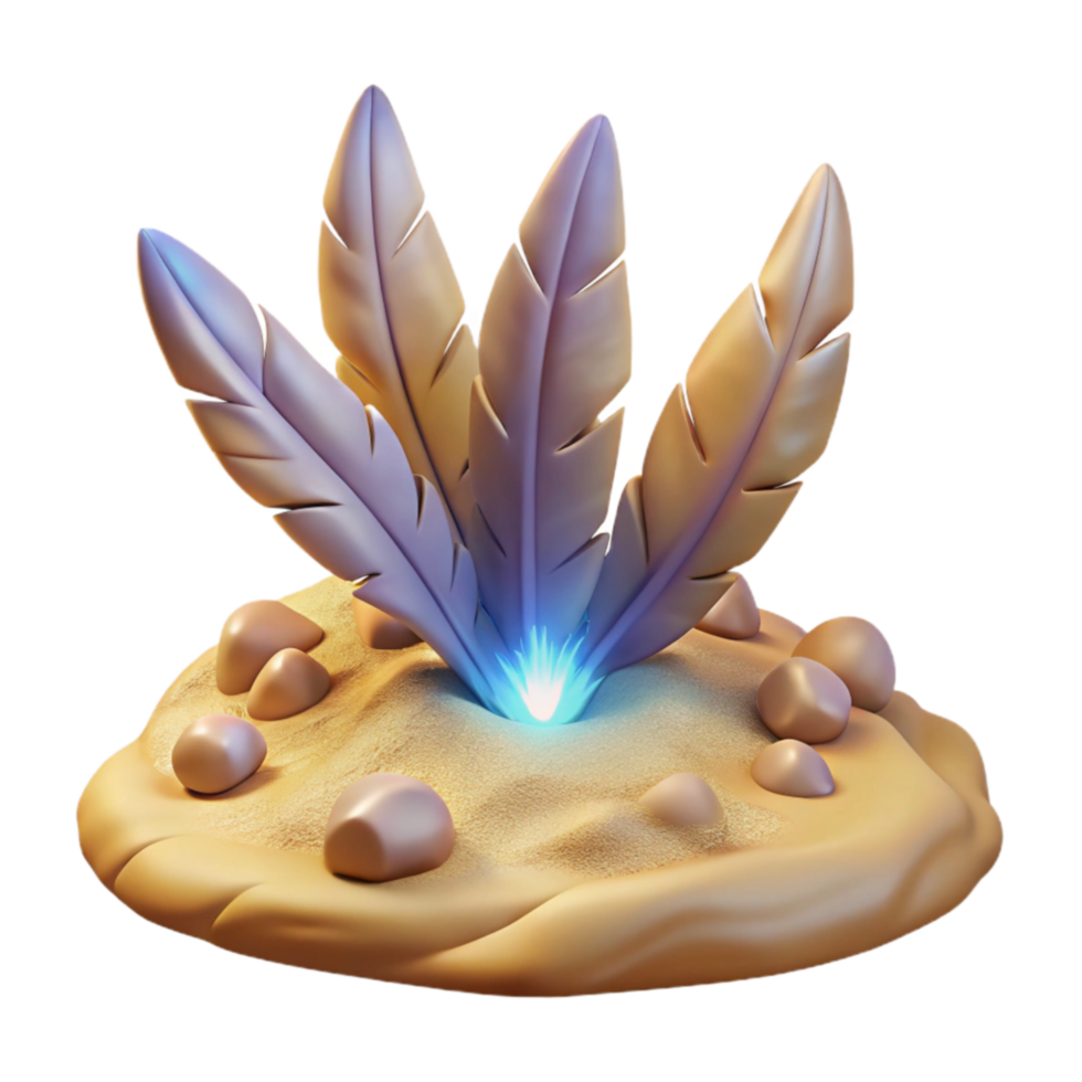 Glowing Feathers in Sand 3D Render png