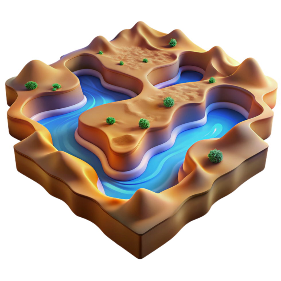 Desert Oasis 3D Render of River Winding Through Dunes png