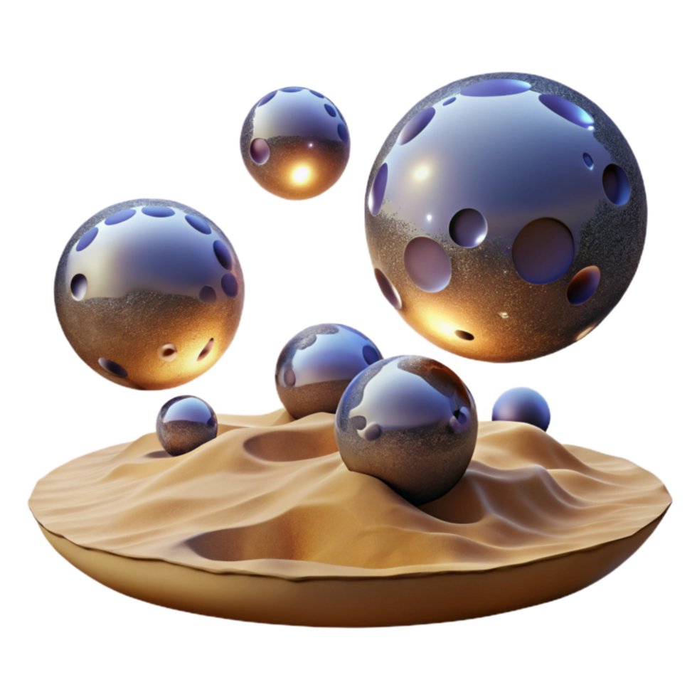 Metallic Spheres on Sandy Surface Abstract 3D Render png