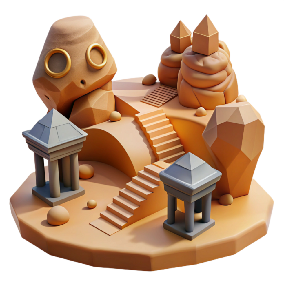 3D Render of Low-Poly Desert Island with Temples and Stairs png