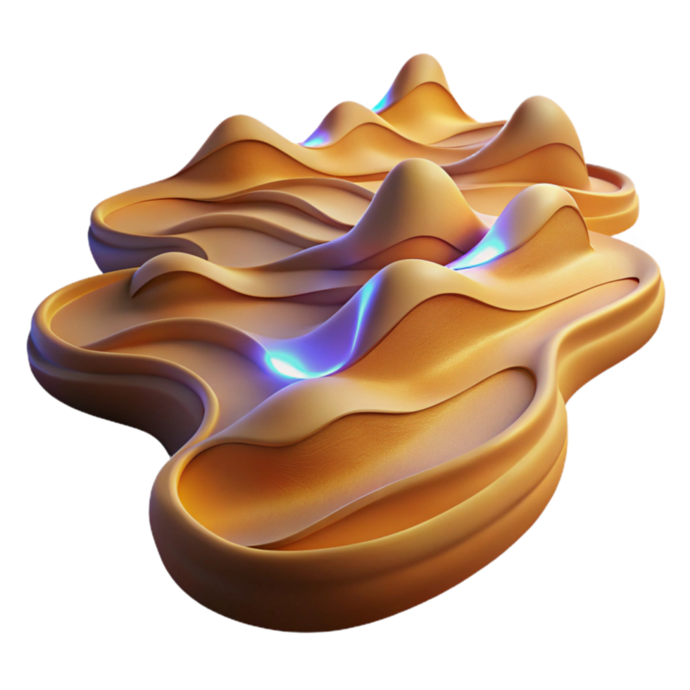 abstrato dourado ondas 3d render do fluido orgânico formas com brilhando linhas png