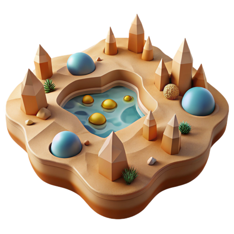 Oasis 3D Render of Desert Landscape with Geometric Structures png