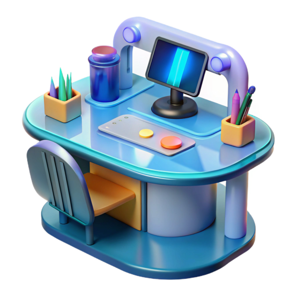 Modern 3D Desk Setup Workspace Design with Computer Accessories png