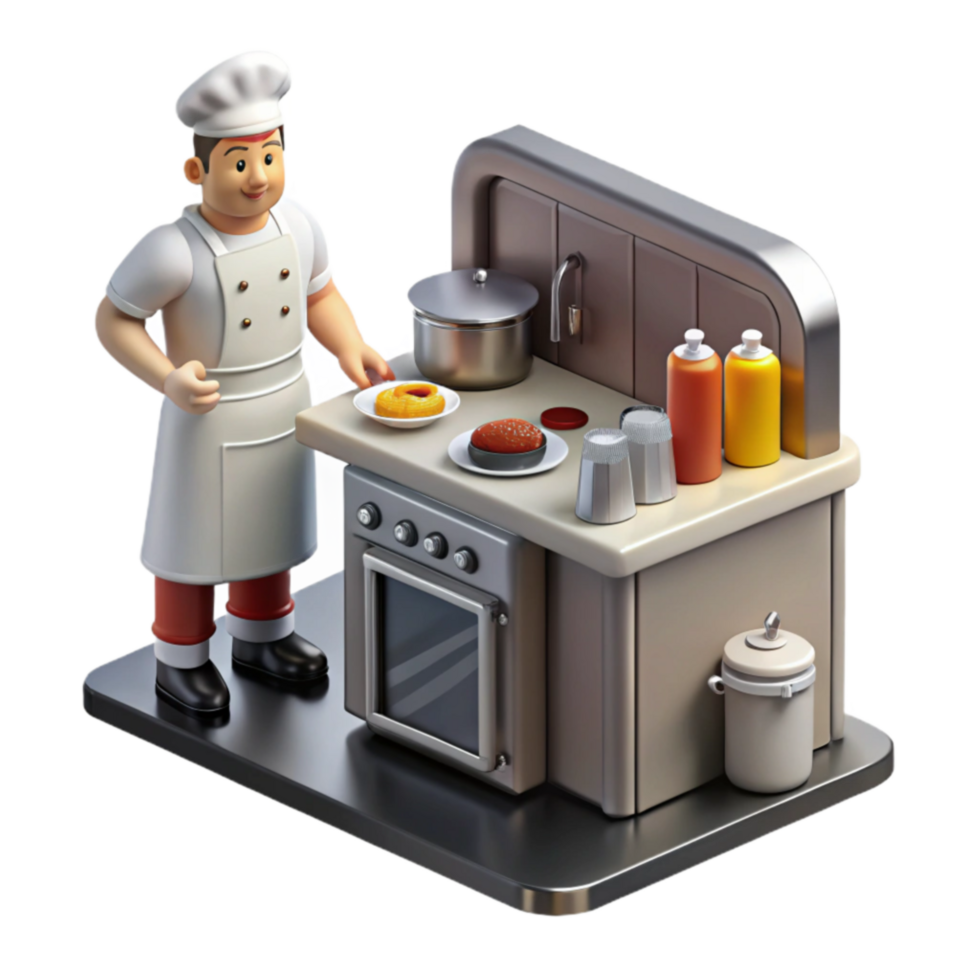 Chef in Kitchen Cooking Food with Oven Stove png