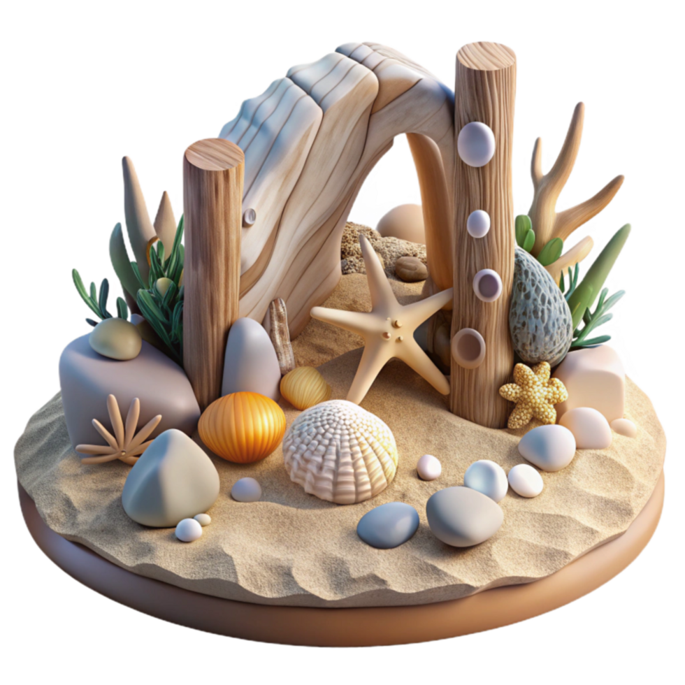 Seashell Seascape Beach Sand, Starfish, and Driftwood Arch png